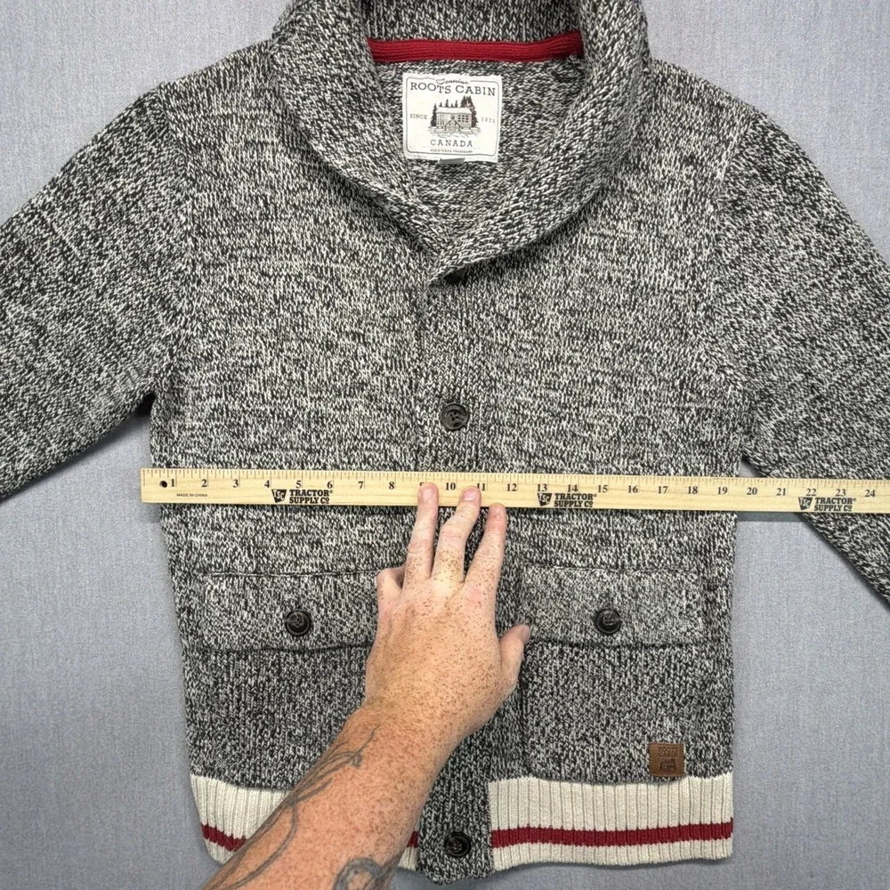 Roots Cabin Cardigan Knit Sweater Shawl Collar Mens L Canada Gray Oat
